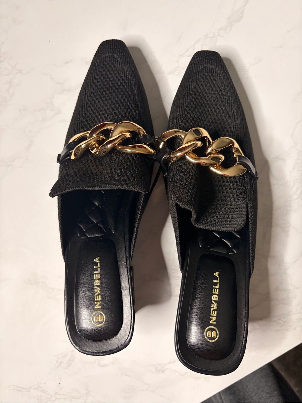 Newbella Black Knit Slip-On Mules with Gold Chain Accent - Picture 3 of 4